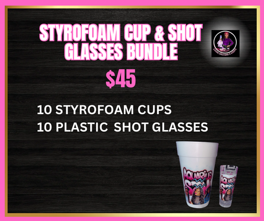 10 Styrofoam cups & 10 plastic shot glasses